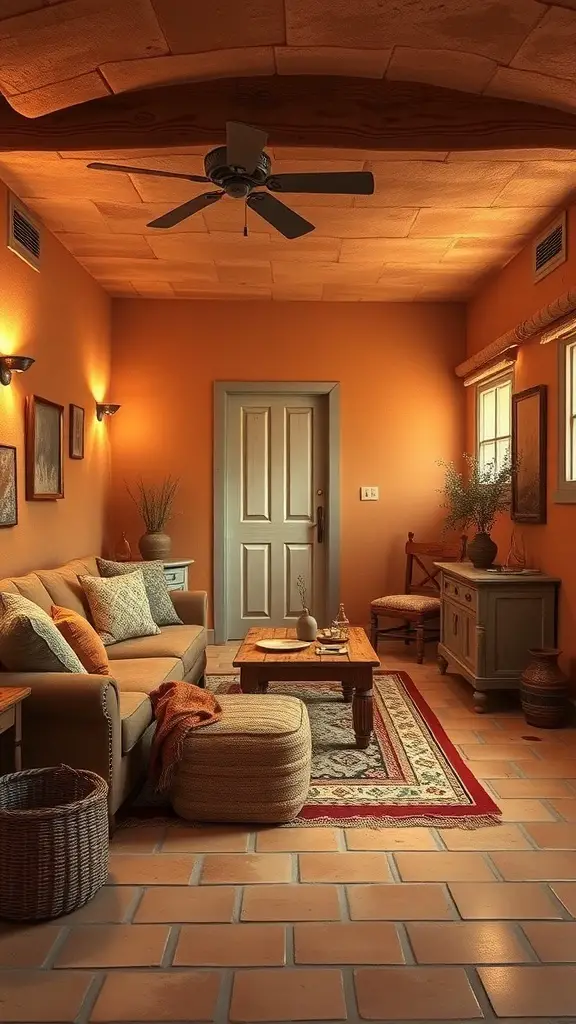 Cozy basement with warm terracotta walls and rustic decor