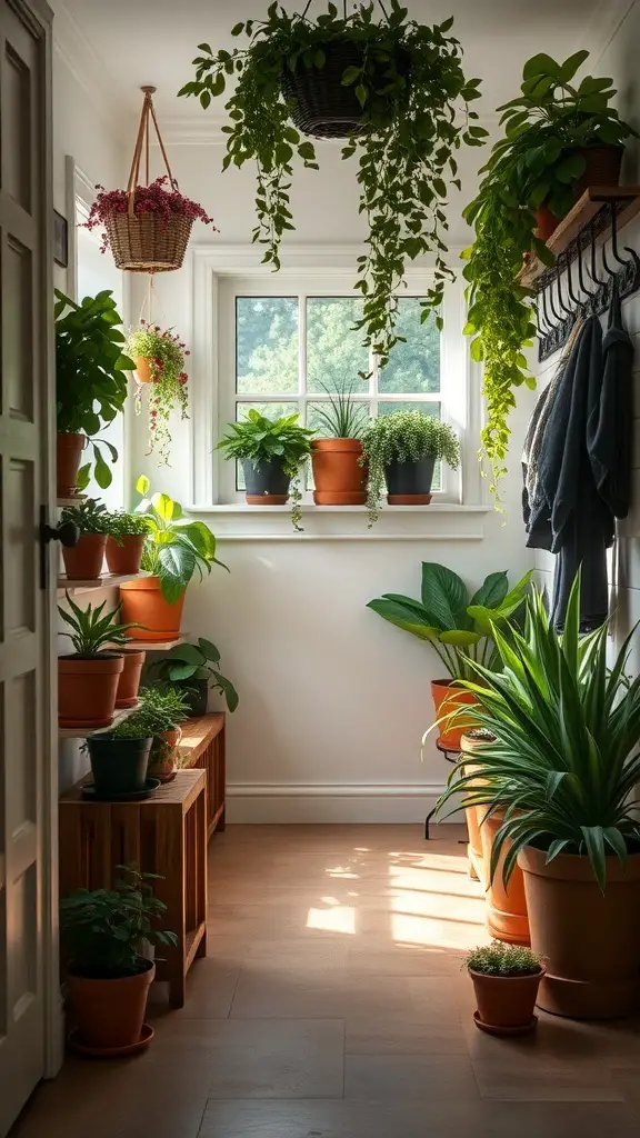 27+ Mudroom Ideas to Elevate Your Space 14 A bright mudroom filled with various potted plants, showcasing greenery and natural light.