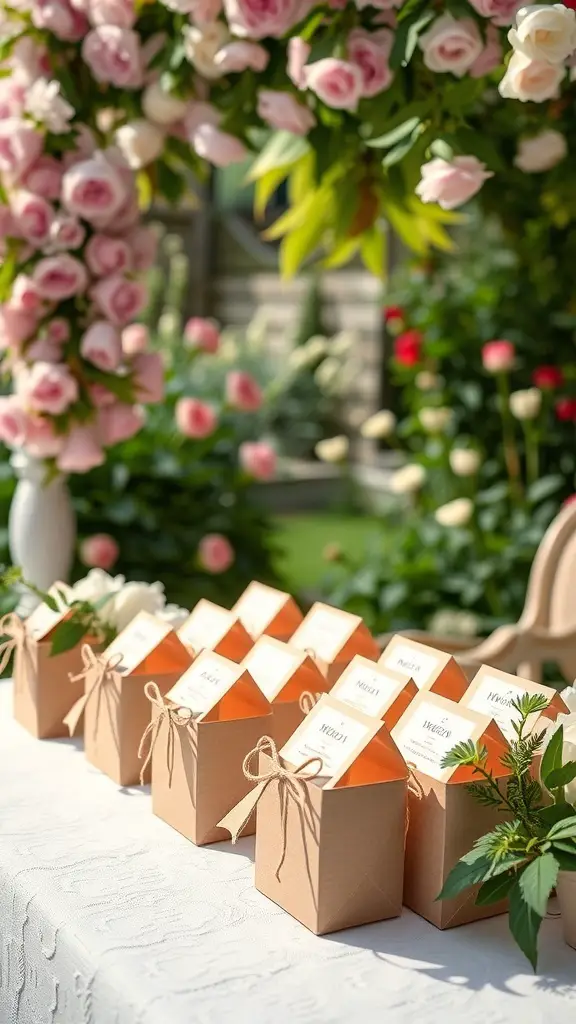 25+ Dreamy Garden Party Wedding Ideas for a Magical Celebration 13 A table with customized favor boxes for a garden party wedding, decorated with flowers.