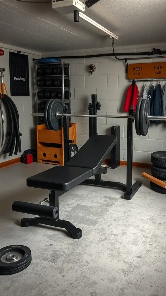 27+ Inspiring Half Garage Gym Ideas for Your Home Workout Space 5 A multifunctional weight bench in a garage gym setup.
