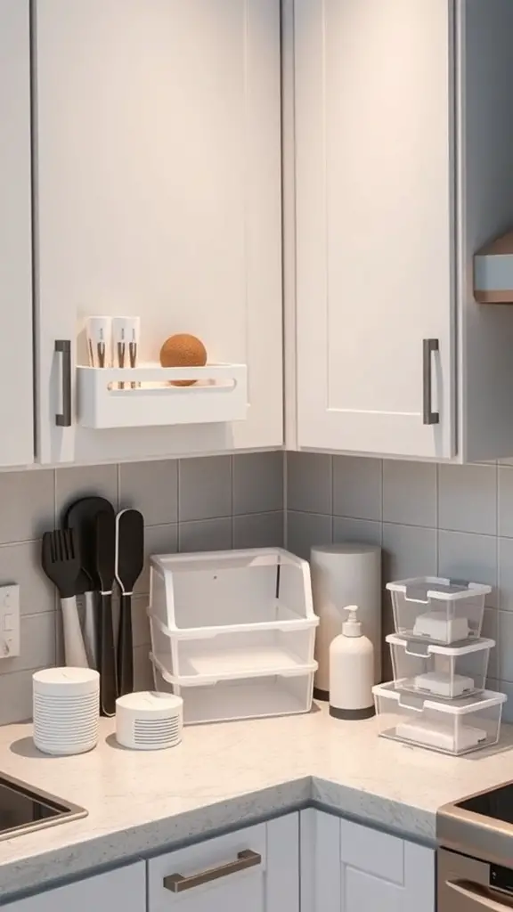 Organized corner kitchen cabinet with white storage containers and utensils