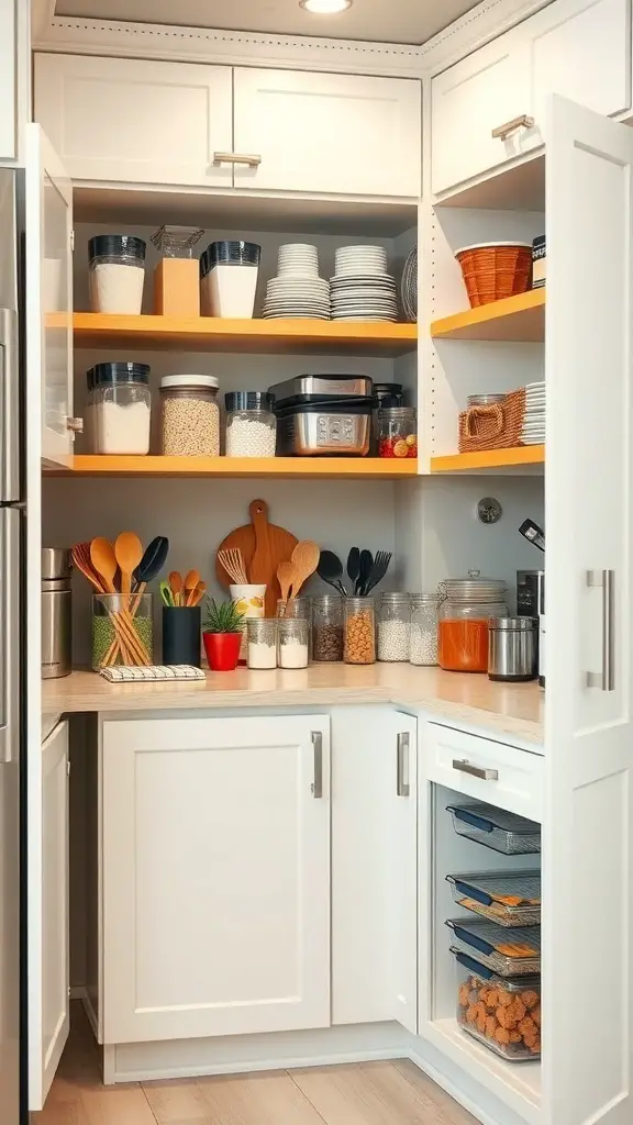 Organized corner kitchen cabinet with clear containers, baskets, and neatly stacked dishes.