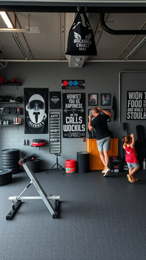 27+ Inspiring Half Garage Gym Ideas for Your Home Workout Space 16 A personalized garage gym with workout equipment, motivational posters, and organized storage.