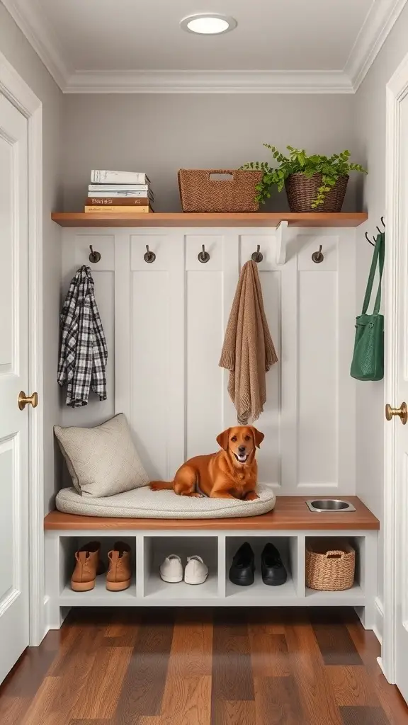 25+ Inspiring DIY Mudroom Bench Ideas to Revamp Your Space 15 Mudroom bench with a cozy pet space, hooks for coats, and shoe storage.