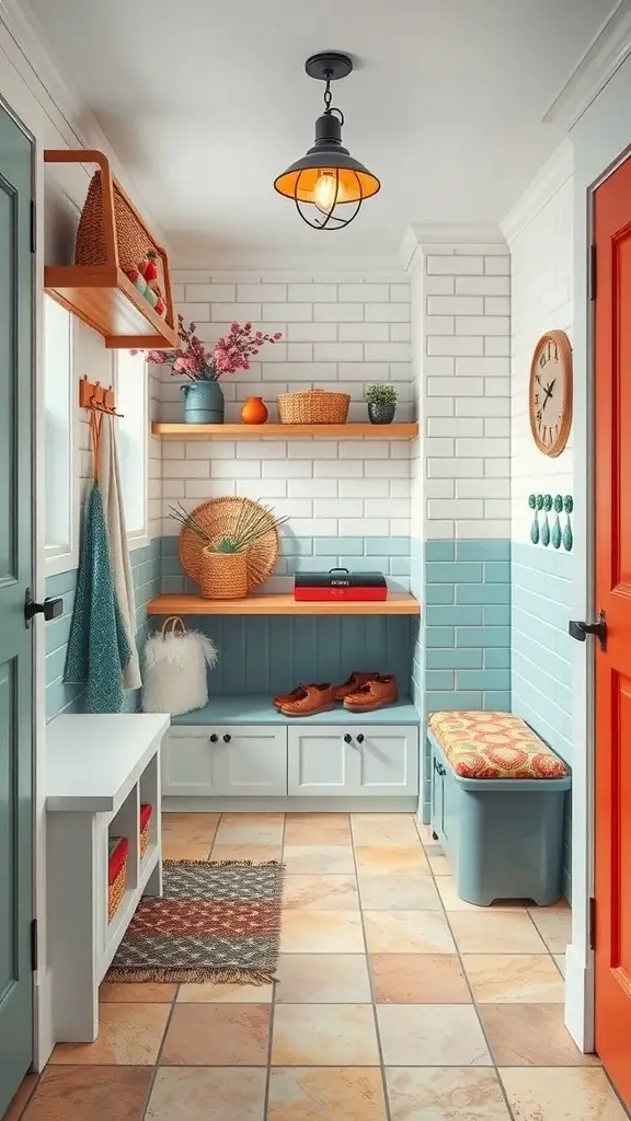 25+ Stylish Mudroom Tile Floor Ideas You’ll Love 10 A bright and cheerful mudroom with ceramic tile flooring, featuring light-colored walls, colorful accents, and practical storage solutions.