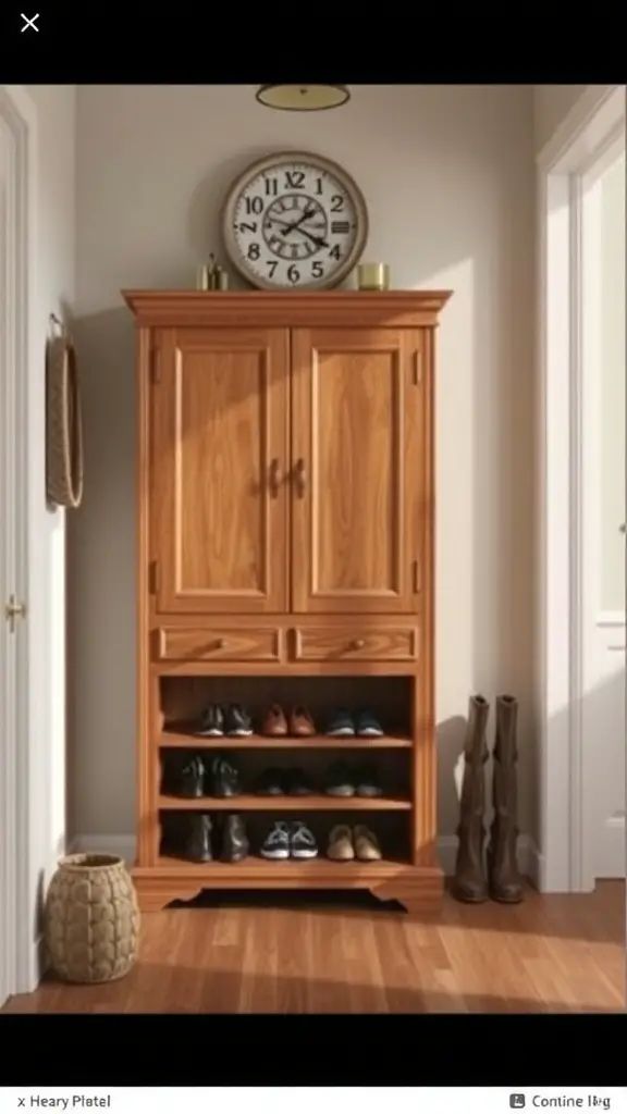 Traditional wooden shoe cabinet in an entryway with shoes displayed and a clock above.