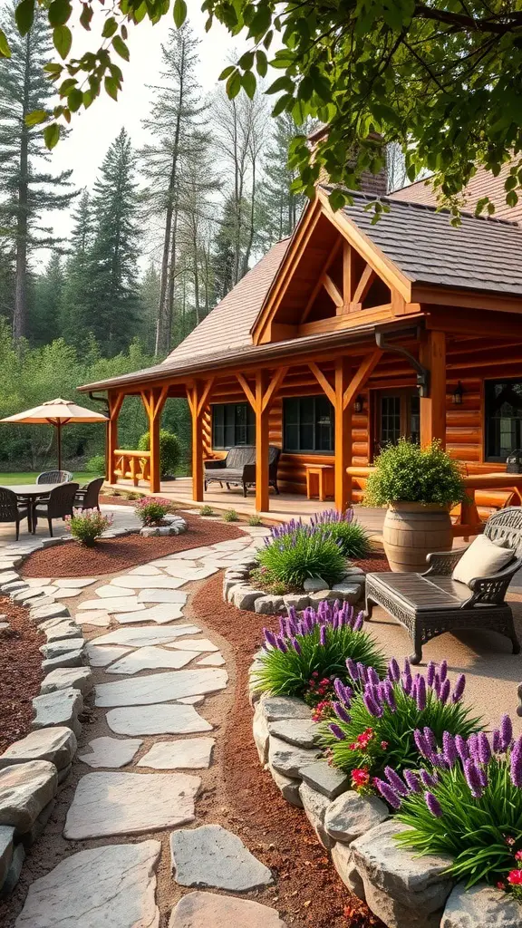 A beautifully landscaped log cabin with a stone pathway, colorful flowers, and outdoor seating.