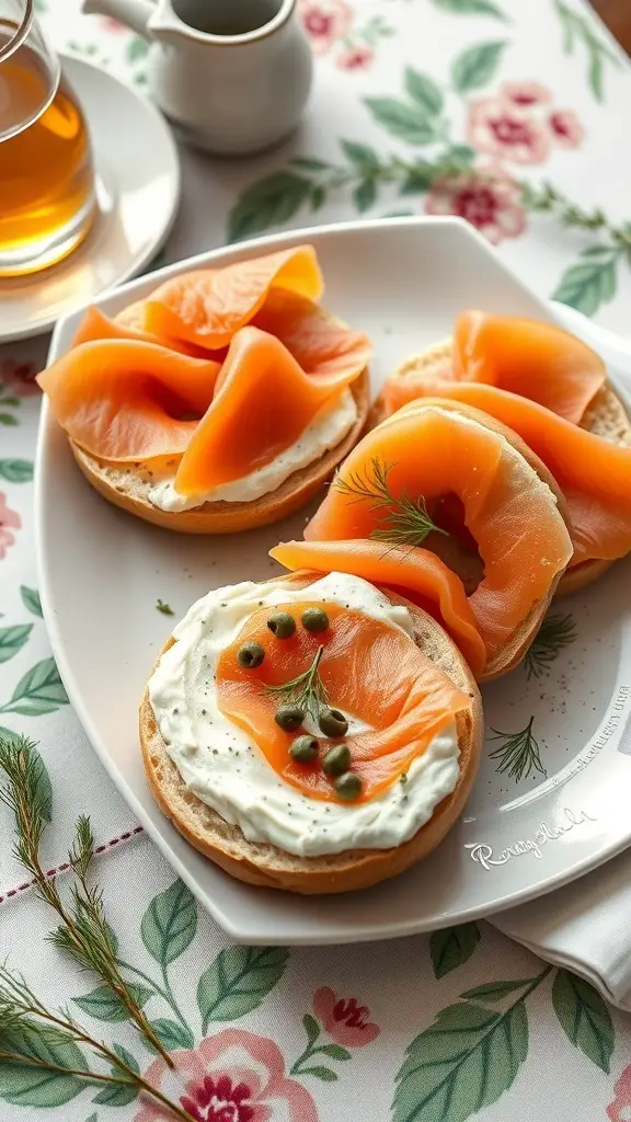 A plate of smoked salmon and cream cheese bagels with capers, served on a floral tablecloth.