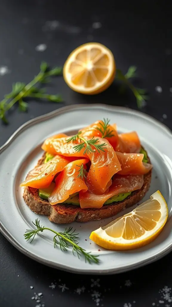 A plate of smoked salmon and avocado toast garnished with fresh herbs and lemon slices.