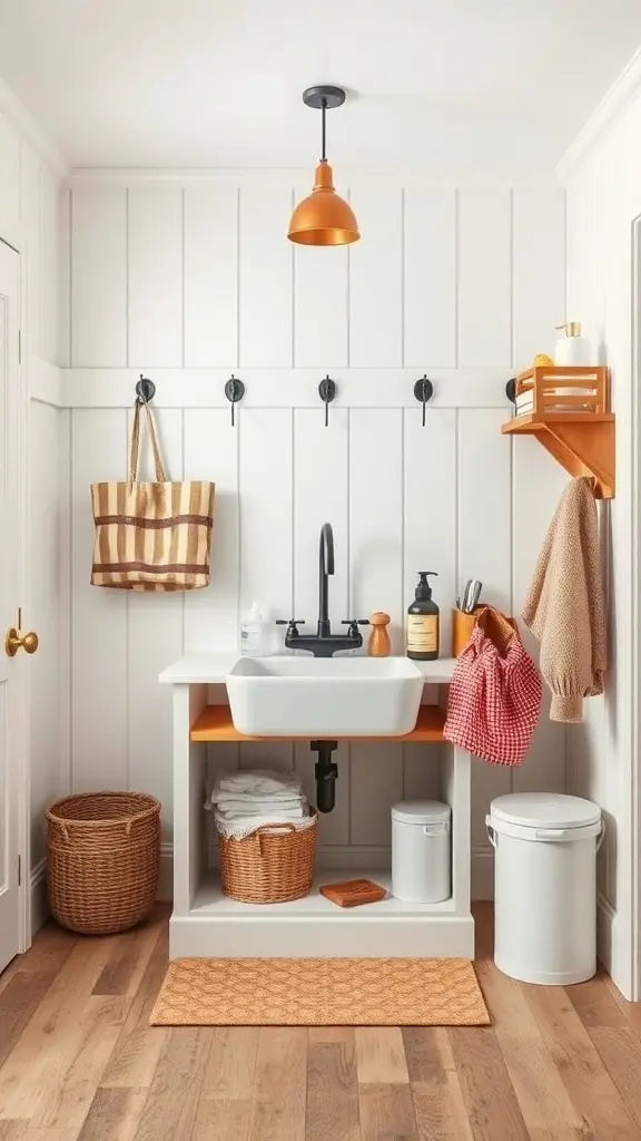 A farmhouse mudroom featuring a cleaning station with a sink, storage baskets, and warm lighting.