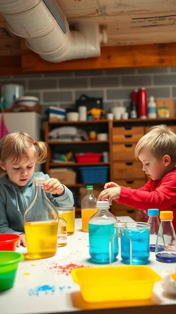 Children conducting science experiments with colorful liquids in a basement setting.