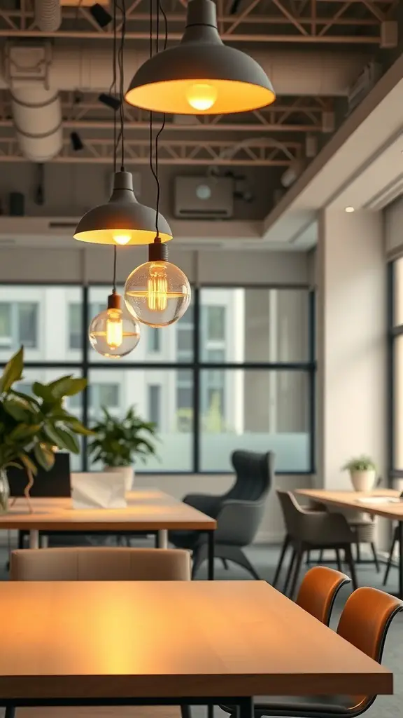Modern office with warm pendant lighting and stylish decor