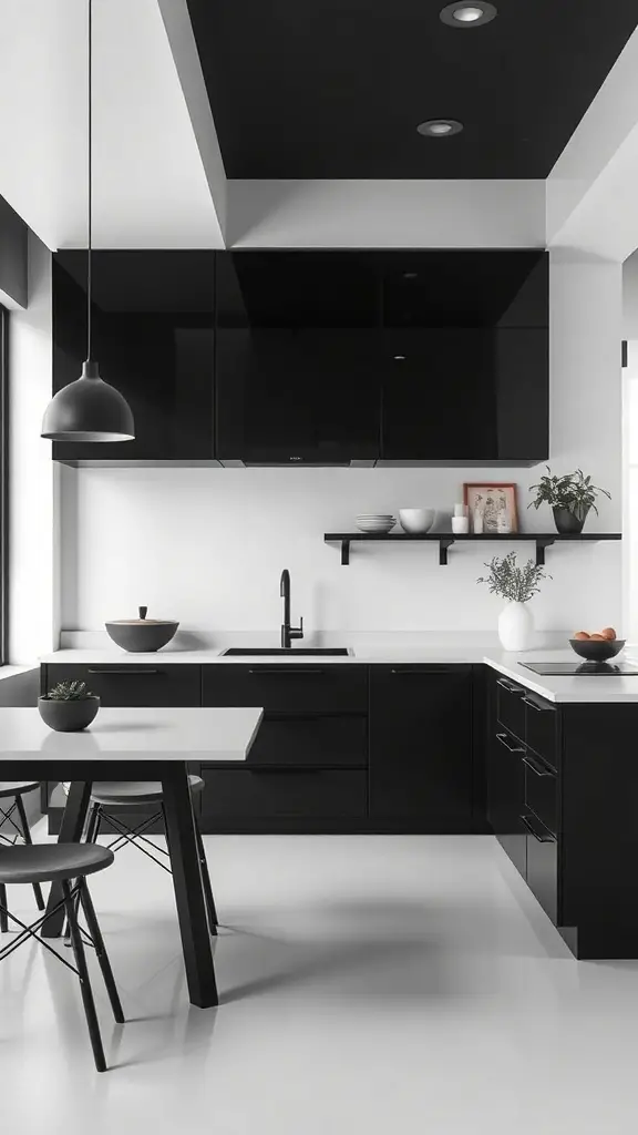 27+ Stunning Kitchen Color Palette Ideas for Your Home Makeover 16 A modern kitchen featuring a minimalist black and white color palette with sleek cabinetry and a simple dining area.