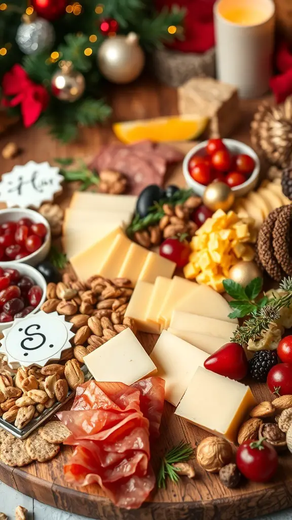A beautifully arranged charcuterie board with various cheeses, meats, nuts, and fruits, set against a festive background.