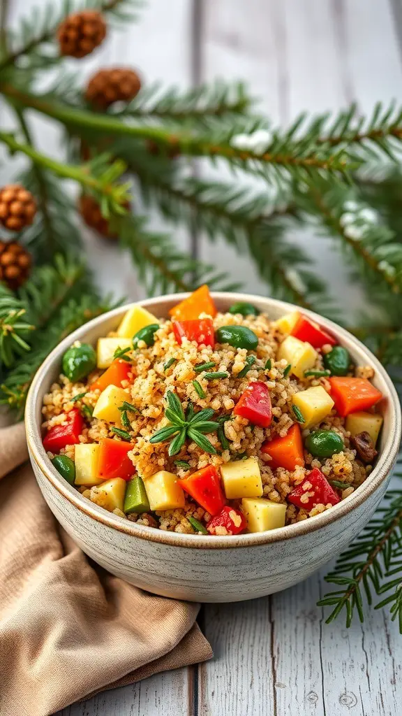 A bowl of roasted vegetable and quinoa salad with colorful vegetables and herbs.