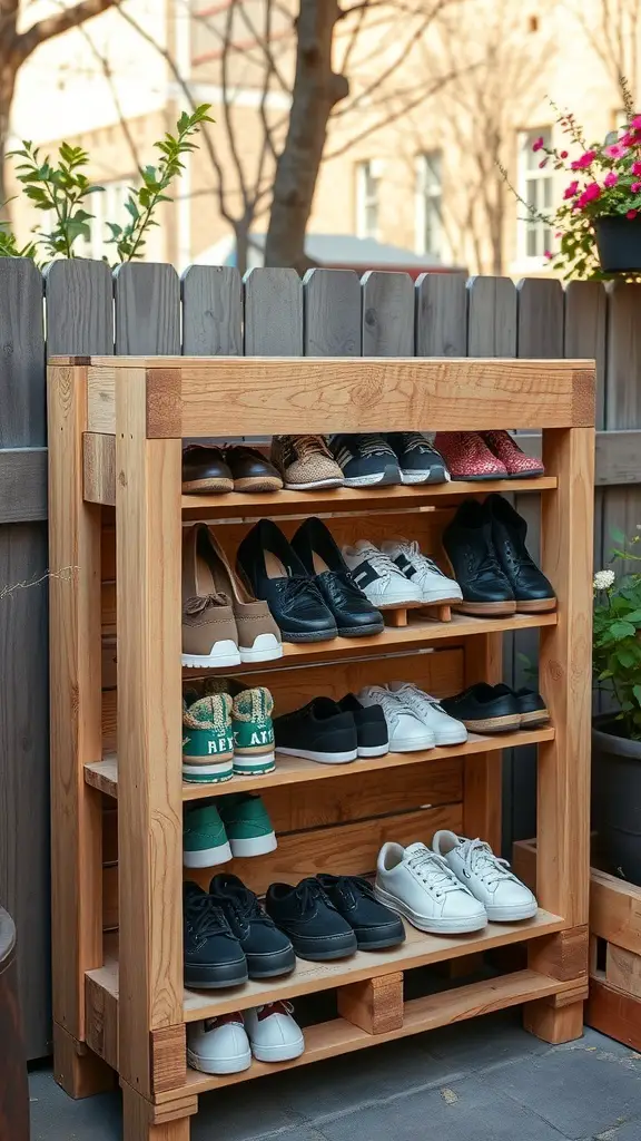 A wooden pallet shoe rack displaying various shoes in an outdoor setting.