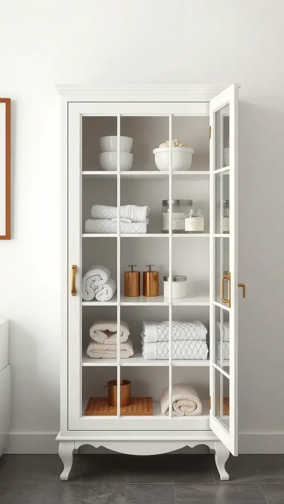 A white towel cabinet with glass doors displaying neatly folded towels and decorative items.