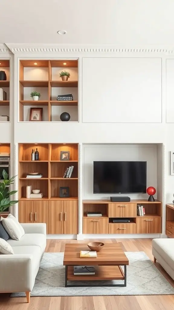 A living room with built-in shelves, featuring a mix of open and closed storage.