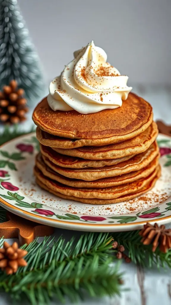 29+ Festive Christmas Brunch Buffet Ideas 13 A stack of gingerbread pancakes topped with whipped cream and cinnamon, surrounded by festive decorations.