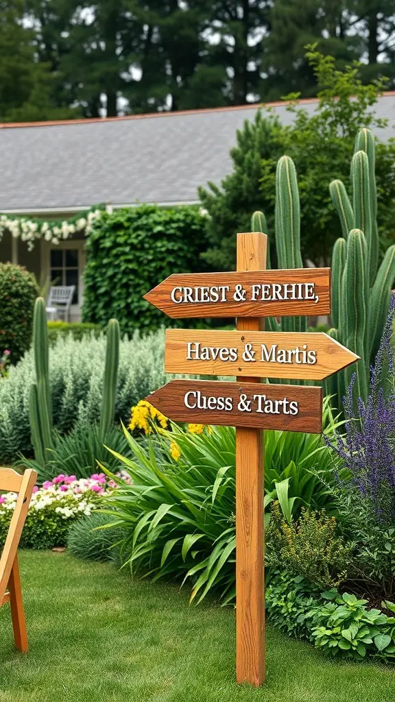 27+ Enchanting for a Garden Wedding Ideas Celebration 5 Wooden signpost with arrows pointing to different names in a garden setting