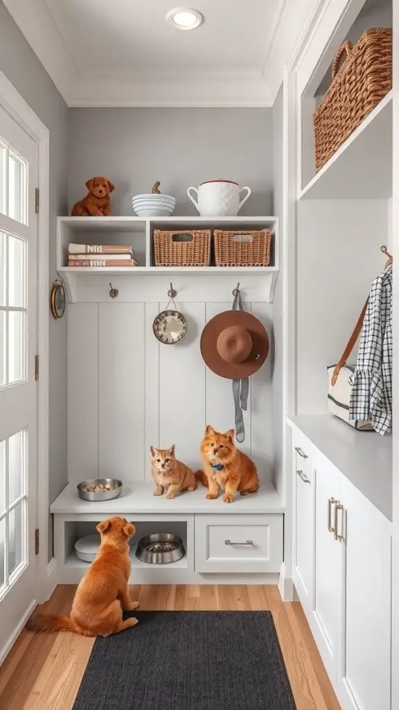 27+ Stylish IKEA Mudroom Ideas for a Functional Space 4 A stylish mudroom featuring a pet station with two cats and a dog, organized shelves, and pet supplies.