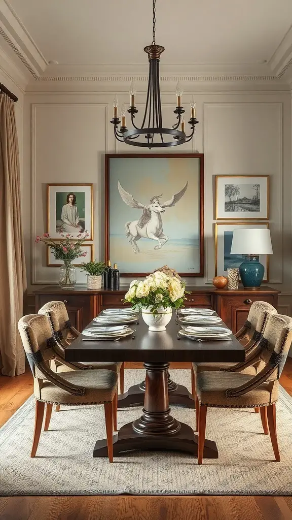 Elegant dining room with chandelier, artwork, and floral centerpiece