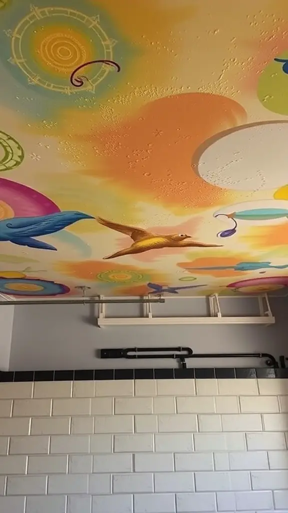 Colorful mural on a basement ceiling with birds and abstract designs