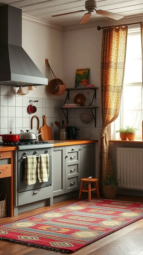 A cozy boho kitchen featuring a colorful rug, patterned curtains, and wooden cabinetry.