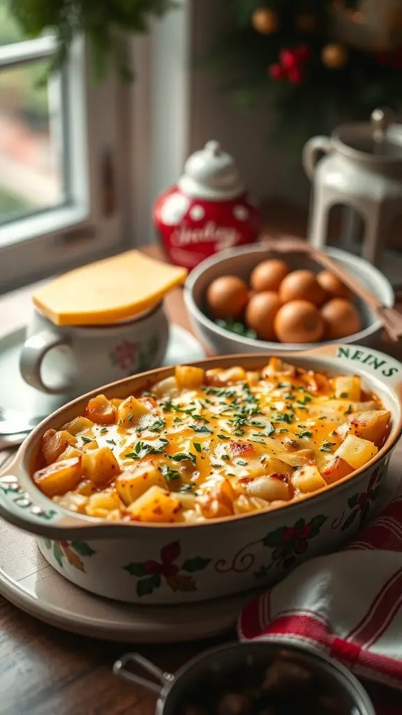 A cheesy potato casserole with melted cheese and herbs, surrounded by breakfast items.