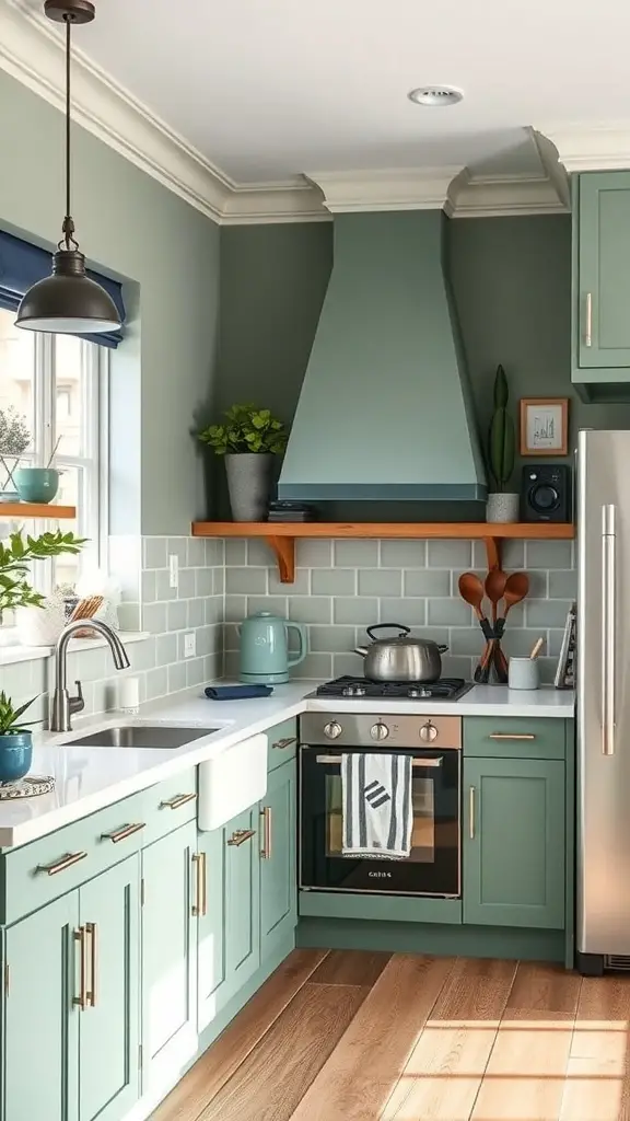 25+ Beautiful Sage Green Farmhouse Kitchen Cabinet Ideas 5 A modern farmhouse kitchen featuring sage green cabinets, a light countertop, and wooden accents.