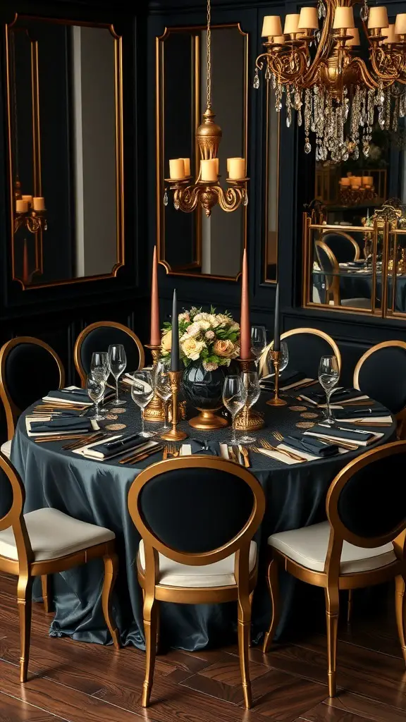 27+ Stunning Christmas Table Settings for Round Tables 10 A glamorous black and gold Christmas table setting with elegant decor and a floral centerpiece.