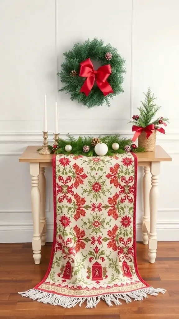 29+ Stunning Christmas Console Table Decor Ideas 10 A festive console table decorated with a floral table runner, candles, and greenery.