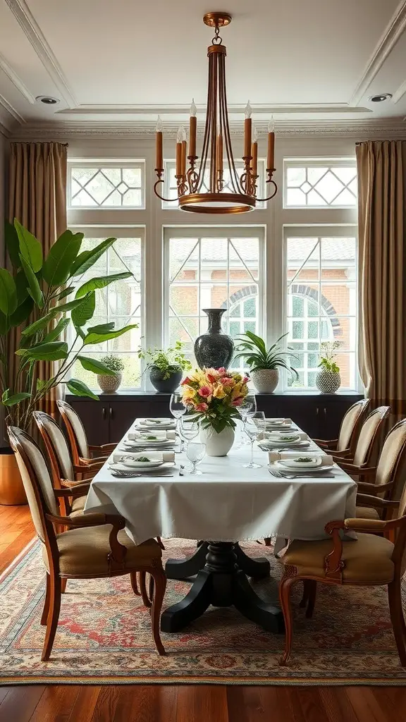 A stylish dining room featuring a large table set for a meal, surrounded by plants and natural light.