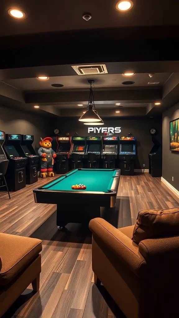 A cozy game room with a pool table, arcade games, and comfortable seating.