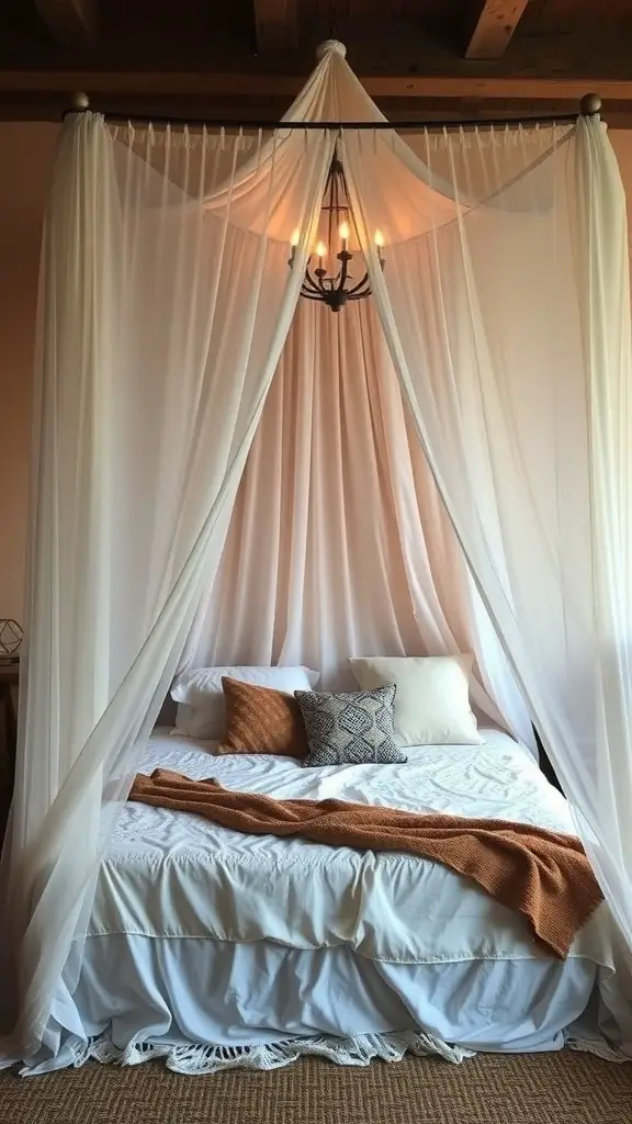 27+ Boho Bedding Ideas to Transform Your Bedroom Style 11 A cozy bed with a canopy draped in soft fabric, featuring decorative pillows and a warm throw.