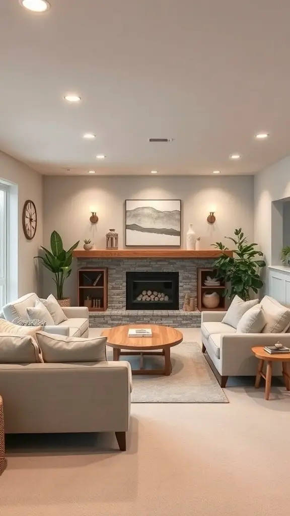 A cozy basement family room with neutral colors, plants, and warm lighting.