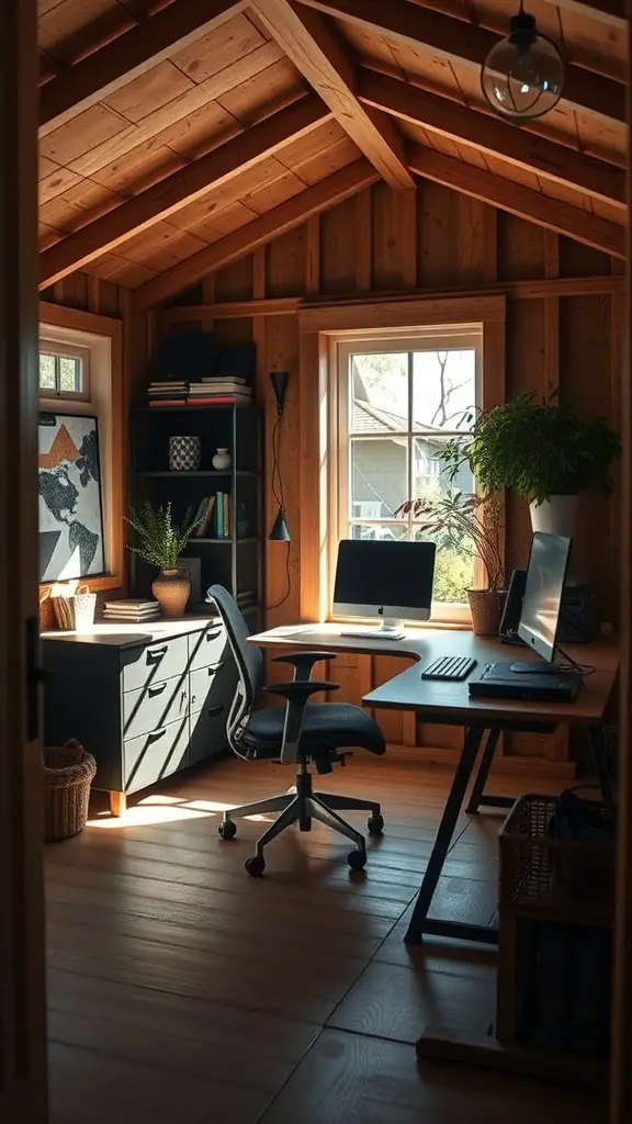 Stylish home office setup in a shed with wooden walls, a desk, and plants.