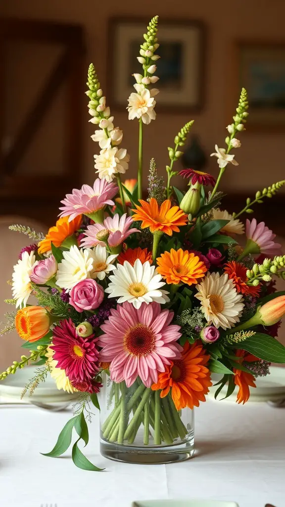 23+ Stunning Dining Table Centerpiece Ideas 7 A vibrant floral arrangement featuring daisies, roses, and gerberas in a clear glass vase.