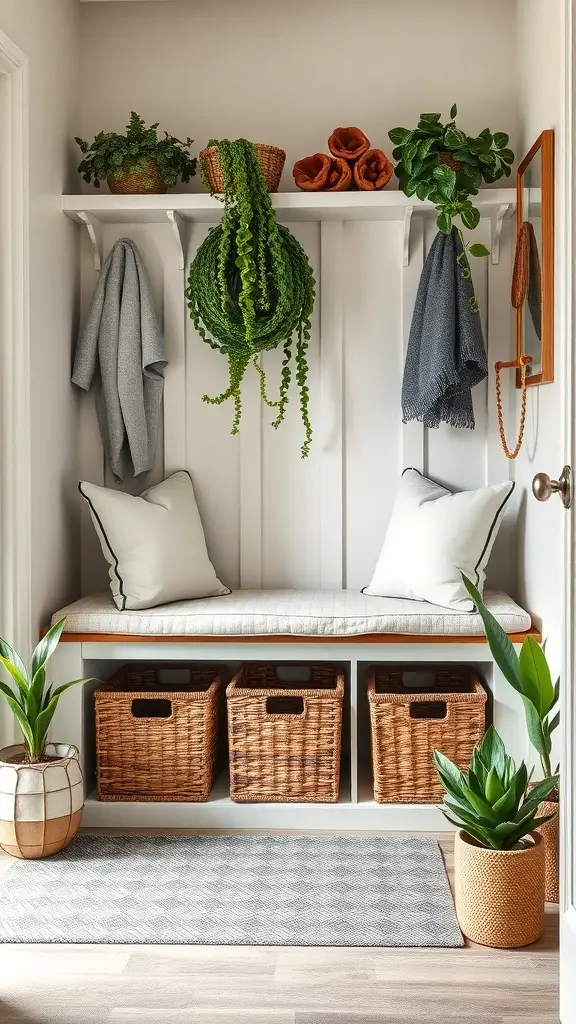 25+ Stunning Mini Mudroom Entryway Ideas for Small Spaces 3 A cozy mini mudroom featuring a bench with cushions, plants, and storage baskets.