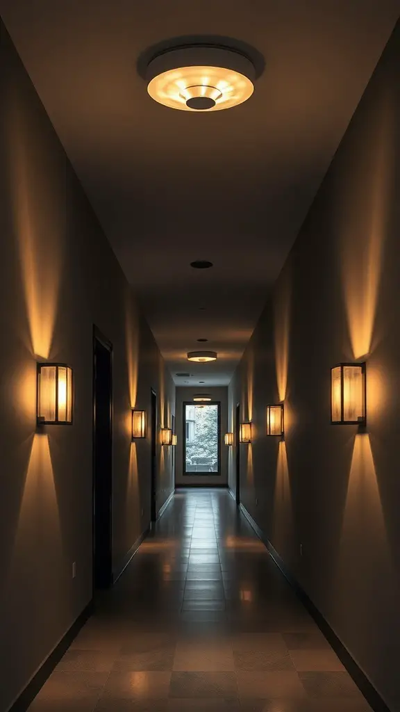 A narrow hallway with warm lighting from ceiling and wall sconces