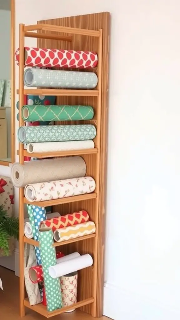 A wooden wrapping paper organizer displaying various rolls of colorful wrapping paper.