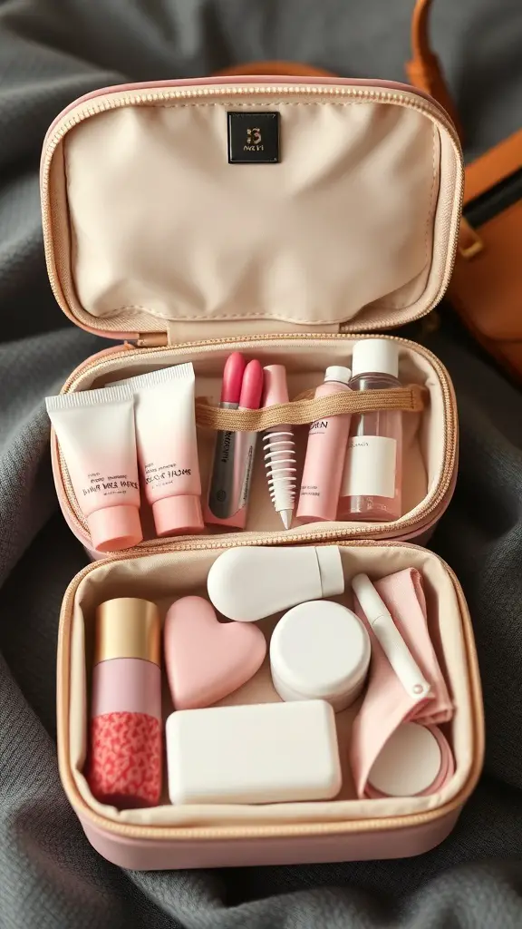 25+ Creative Ways to Store Your Feminine Hygiene Products 8 A stylish portable travel case filled with feminine hygiene products, neatly organized and ready for travel.