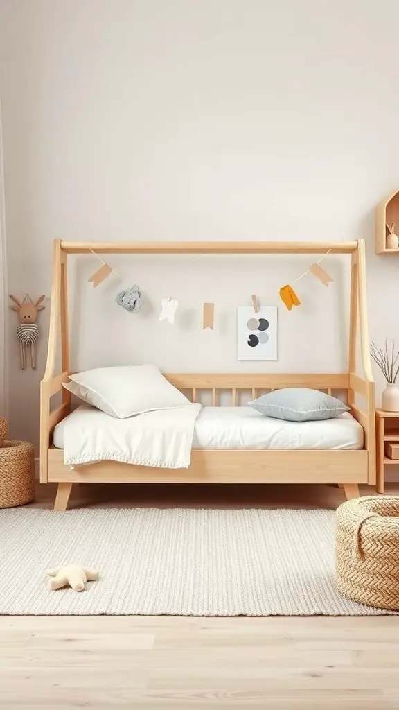 25+ Stylish Montessori Beds for a Dreamy Sleep Space 3 A Montessori bed with a natural wood finish, low height, and decorative garland.