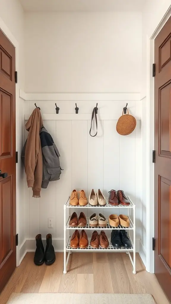 A compact shoe rack in a small mudroom with shoes organized on shelves and hooks for coats.