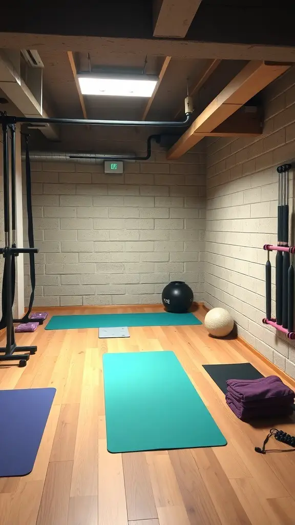 A dedicated stretching area in a basement gym with yoga mats, a stability ball, and exercise props.