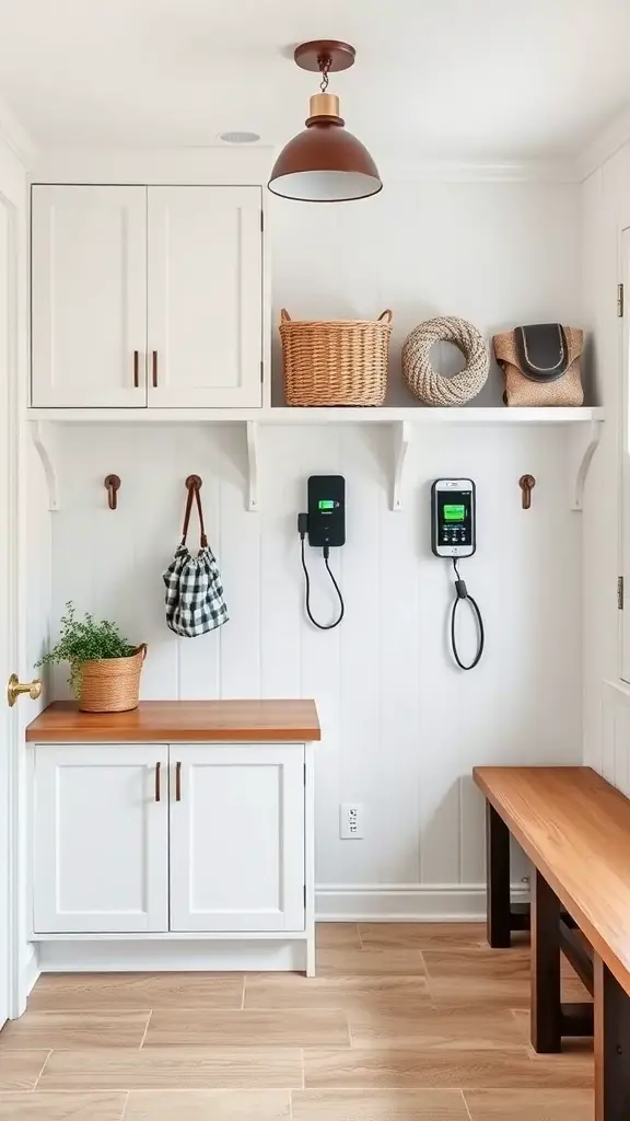A modern farmhouse mudroom with integrated technology solutions, featuring charging stations, storage baskets, and hooks.
