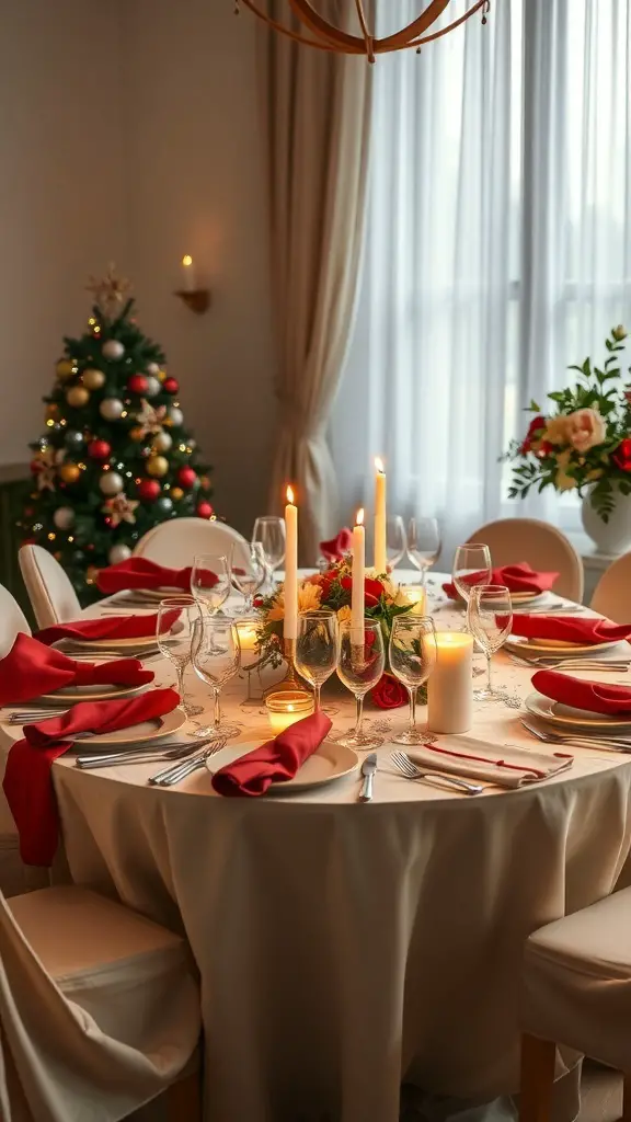 A beautifully styled oval dining table with red napkins, candles, and a festive centerpiece, set for a holiday gathering.