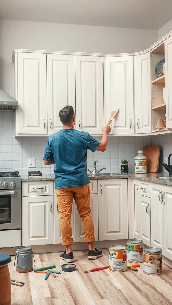 25+ Stunning Painted Kitchen Cabinet Ideas to Transform Your Space 9 A person painting kitchen cabinets with various paint supplies around.