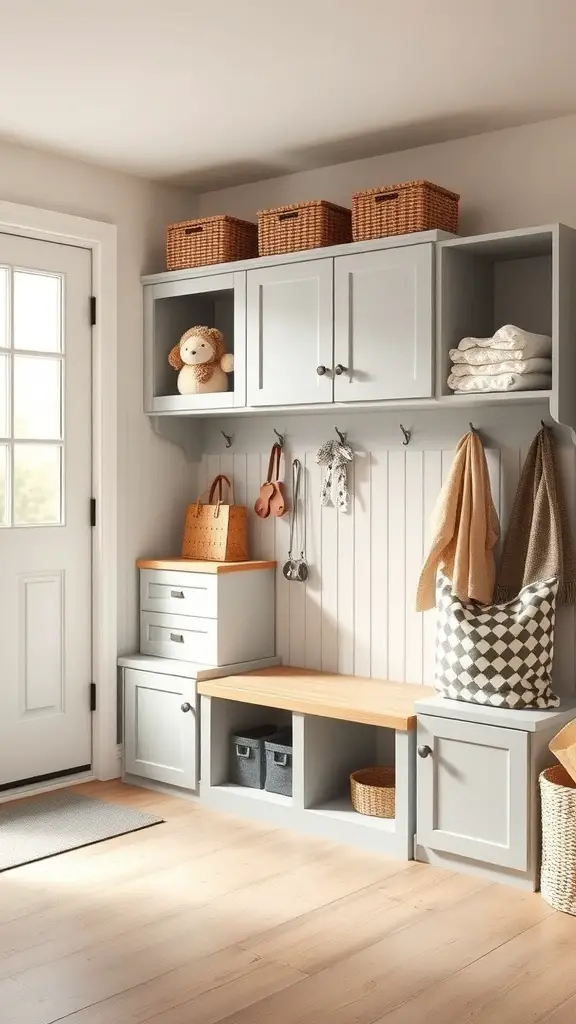 A family-friendly mudroom with cabinets, a bench, and storage baskets.
