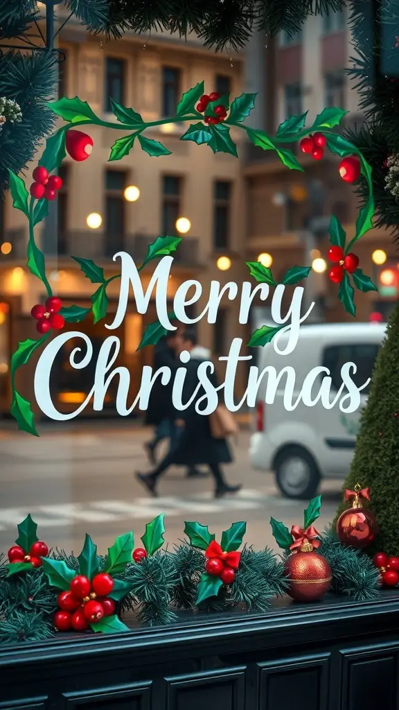 Window painting with 'Merry Christmas' greeting surrounded by holly and berries
